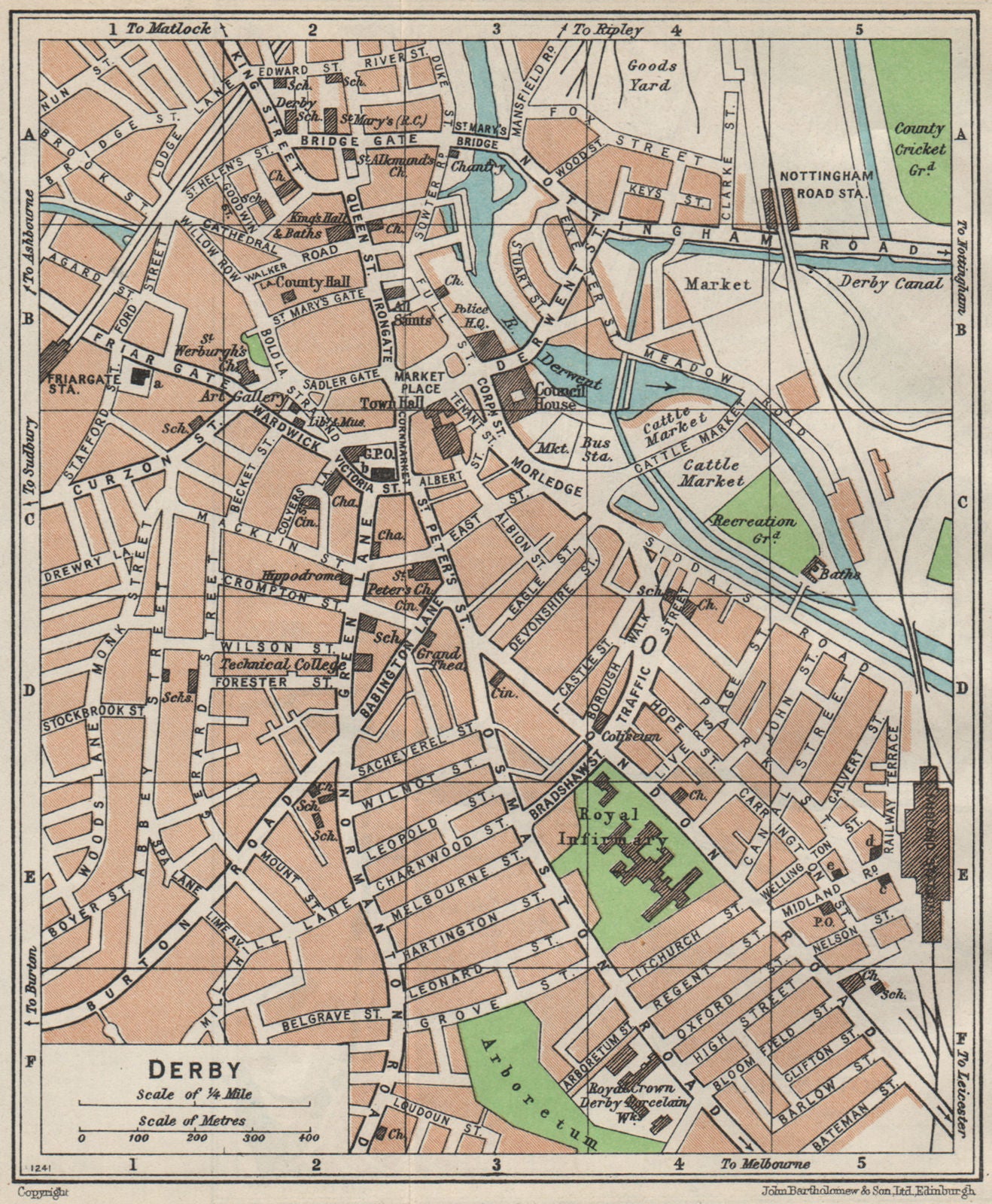 DERBY. Vintage town city map plan. England 1957 old vintage chart